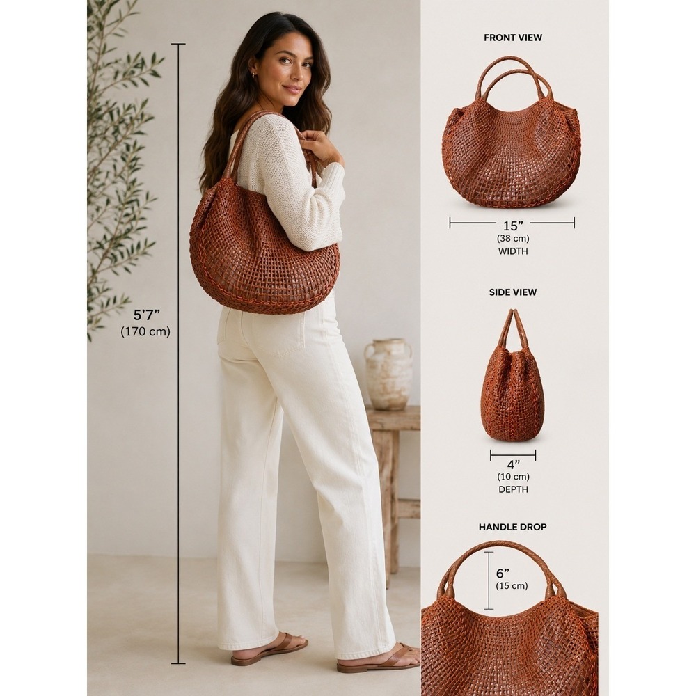 SR Squared by Sondra Roberts Woven Leather Hobo Tote Brown Orange Boho